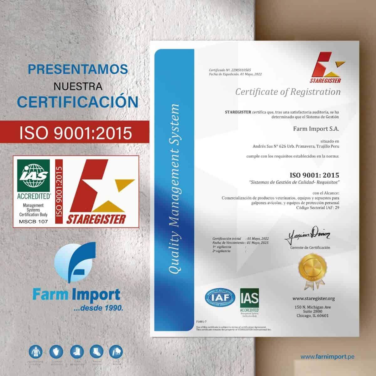 Presentación de Certificación ISO 9001-2015 para FarmImport SA
